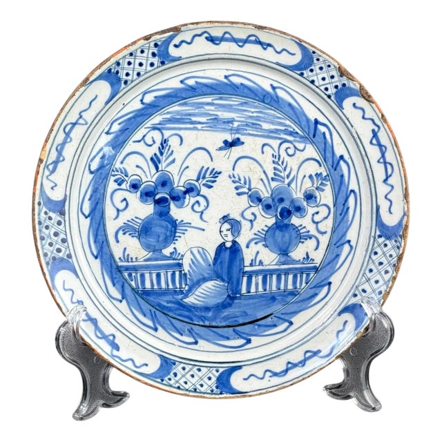 Dutch Delft Blue and White Plate with Hand Painted Chinoiserie, 17th Century For Sale