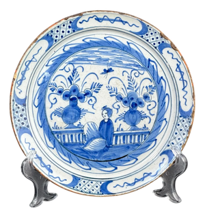 Dutch Delft Blue and White Plate with Hand Painted Chinoiserie, 17th Century
