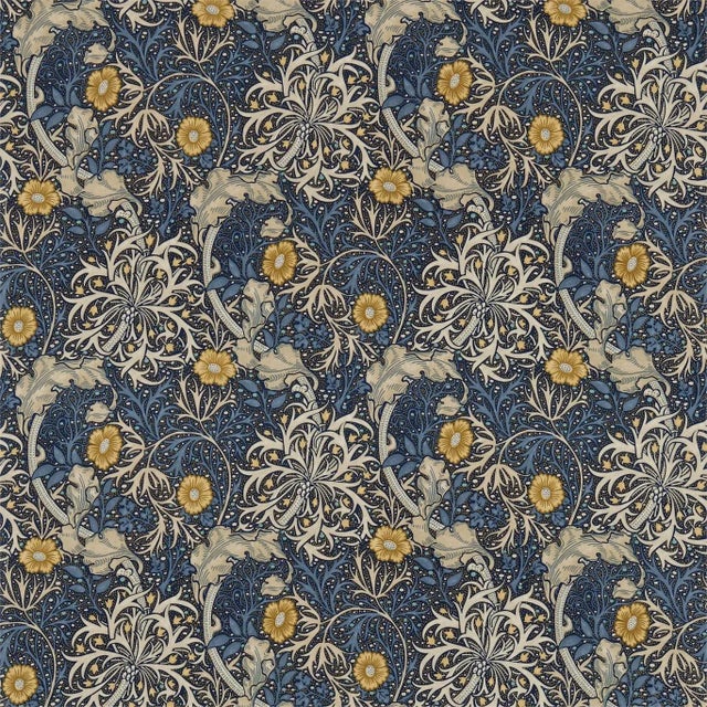 Morris & Co Morris Seaweed Fabric in Ink/Woad For Sale