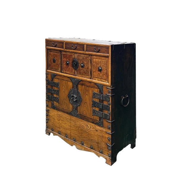 Wood Asian Pattern Brown Black Hardware Drawers Accent Storage Cabinet For Sale - Image 7 of 13