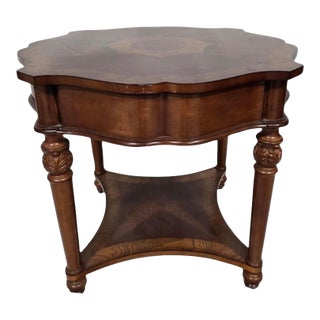 Late 20th Century Traditional Cherry Inlaid Round Accent Table With Scalloped Top For Sale