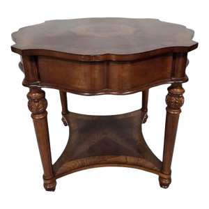 Late 20th Century Traditional Cherry Inlaid Round Accent Table With Scalloped Top
