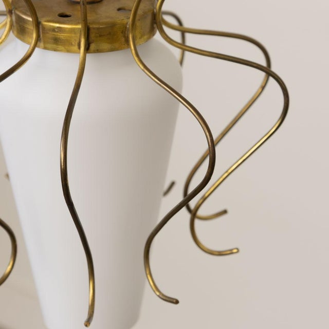 Metal 1950s Italian Brass and White Glass Pendant Light For Sale - Image 7 of 12