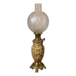 Art Nouveau Oil Lamp in Glazed Earthenware with Floral Relief Decoration on Gilt Bronze Base, 1890s For Sale