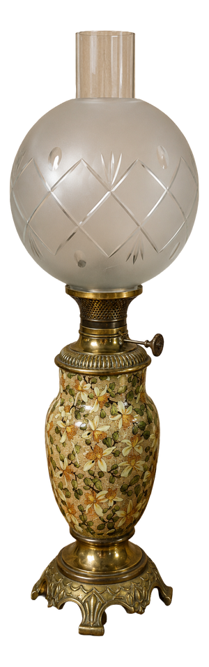 Art Nouveau Oil Lamp in Glazed Earthenware with Floral Relief Decoration on Gilt Bronze Base, 1890s