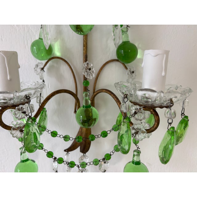 Glass Italian Green Murano Glass Drops, Prisms & Swags Sconces C 1930 For Sale - Image 7 of 11
