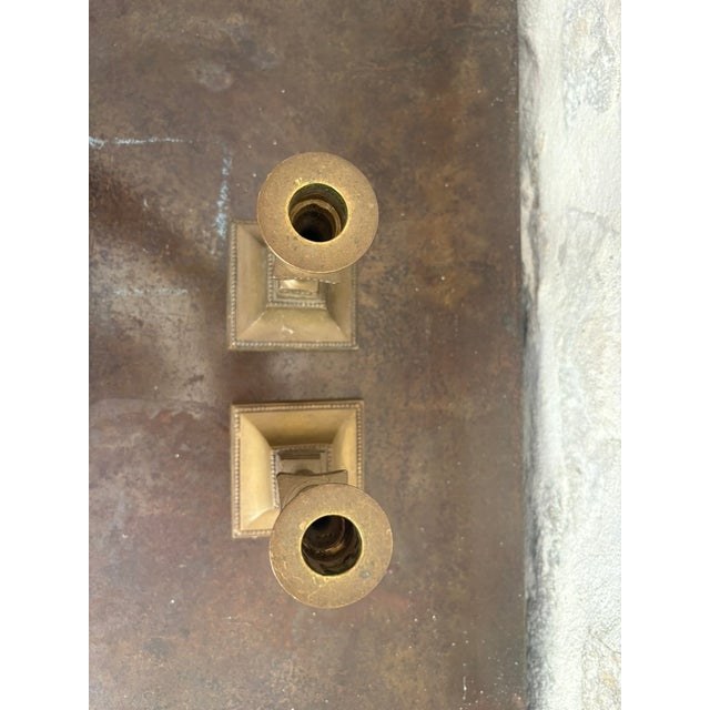 Pair of Antique Brass Victorian Candlesticks, Beaded Square Base For Sale In Atlanta - Image 6 of 10