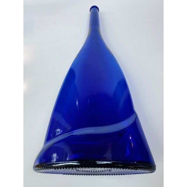 Glass Vintage Cobalt Blue Flattened Glass Bottle Vase 19 Inch For Sale - Image 7 of 9