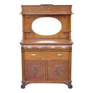 Antique Victorian Oak Wood Sideboard Buffet With Mirror Hutch Backsplash Shelf For Sale
