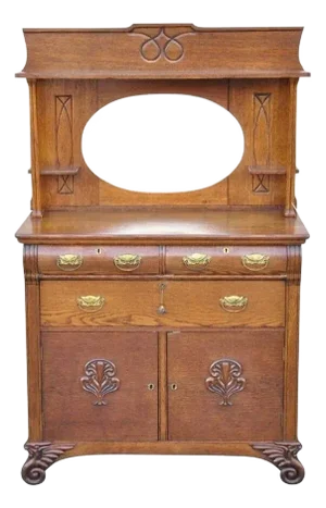 Antique Victorian Oak Wood Sideboard Buffet With Mirror Hutch Backsplash Shelf