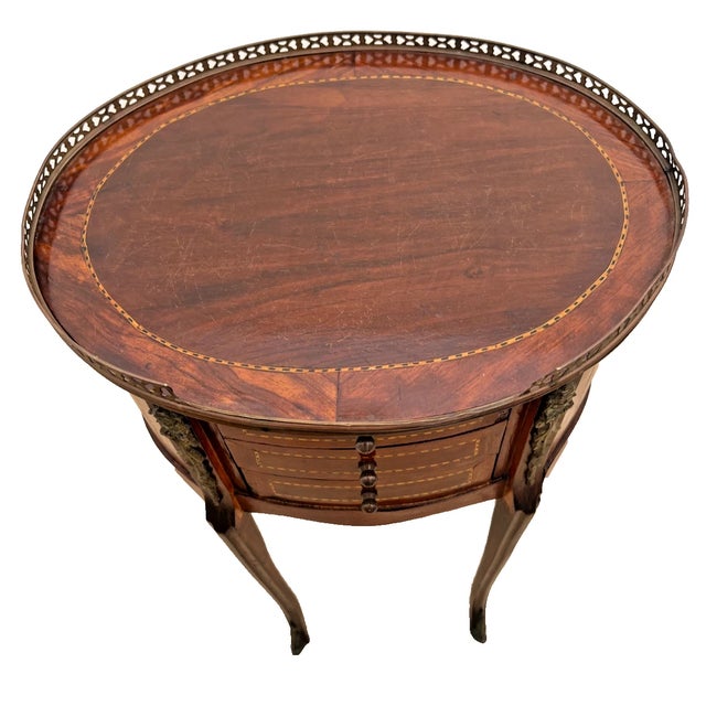 Brown 1920s Oval Accent Table Nightstand Three Drawers, Inlays, Brass Accents French Style For Sale - Image 8 of 12