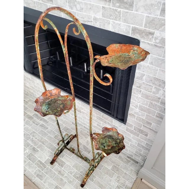 French Art Nouveau Period Antique Weathered Chippy Paint Wrought Iron Standing Tiered Candle Holder Floor Display Plant Stand Sculpture For Sale In Dallas - Image 6 of 11