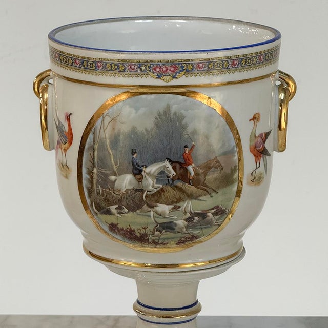 Antique White Pair Antique Belgian Pêtre À Baudour Neoclassical Porcelain Hunt Scene Urns For Sale - Image 8 of 18