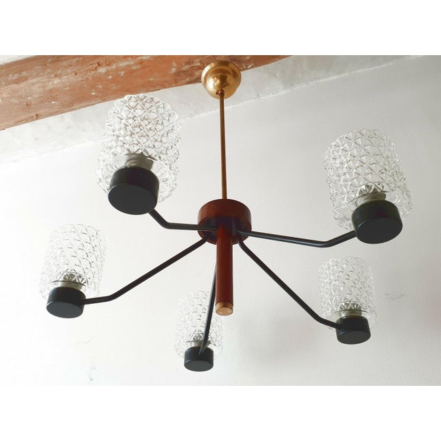 Brown Vintage Scandinavian Ceiling Chandelier in Teak, Brass, Glass and Steel, 1960s For Sale - Image 8 of 9