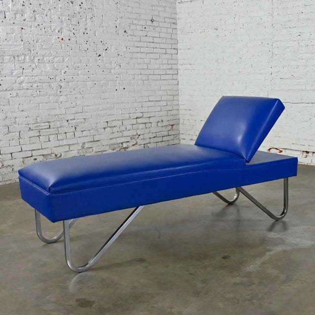 MCM to Streamline Modern or Industrial Chaise Daybed Adjustable Back Royal Blue Vinyl and Chrome For Sale - Image 6 of 12