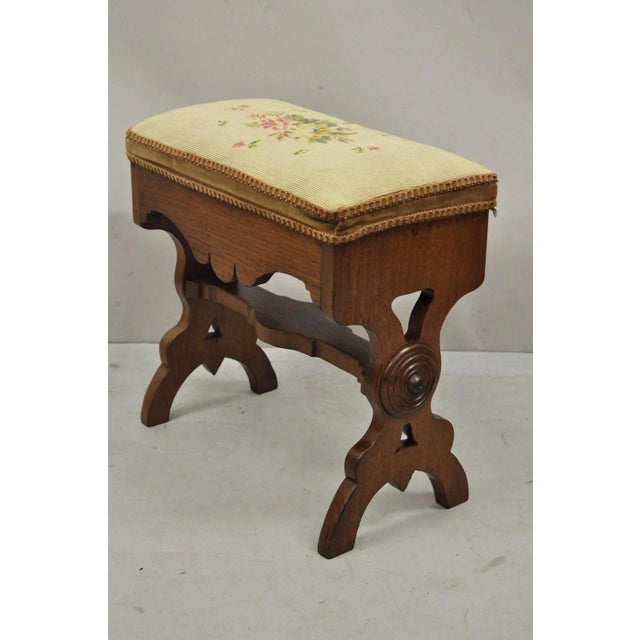 Antique Eastlake Victorian Carved Walnut Stool Bench With Needlepoint Seat For Sale In Philadelphia - Image 6 of 9