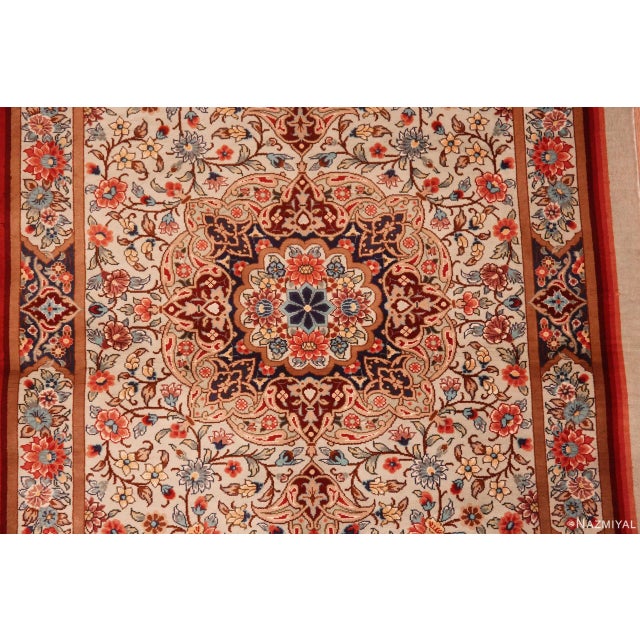 Sky Blue 1950s Fine Silk Pile Floral Vintage Persian Qum Short Runner Rug For Sale - Image 8 of 8
