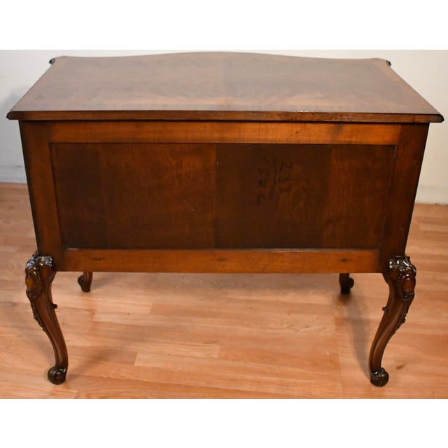 Brown Antique 1920 Louis XV Burl Walnut Lowboy Chest Banded Satinwood Carving Two Drawers For Sale - Image 8 of 11