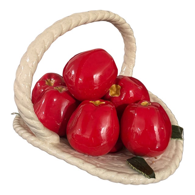 1960s Apple Basket Ceramic Glazed Signed on Bottom Made in Italy 10x9 For Sale