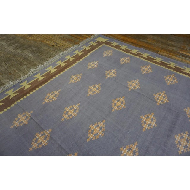 1930s Blue Gray Diamond Antique Indian Cotton Dhurrie Carpet Flatweave Large Rug For Sale - Image 12 of 17