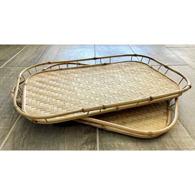 Mid-Century Modern Circa 1970 Rattan & Bamboo Wooden Bottom Tiki Trays – a Pair For Sale - Image 3 of 13