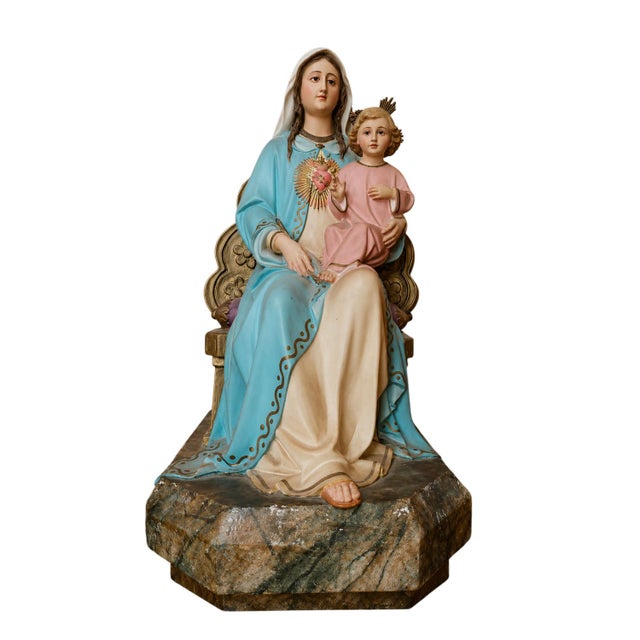 Brown Polychrome Plaster Statue of Virgin of the Sacred Heart and Jesus, 19th Century For Sale - Image 8 of 8
