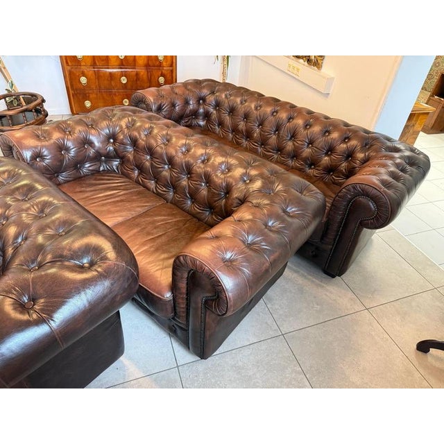 Chesterfield Sofas and Club Chair in Leather, Set of 3 For Sale - Image 6 of 18