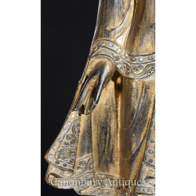 Metal Gilded Hand Carved Standing Buddha Statue Tibetan Buddhist Art For Sale - Image 7 of 8