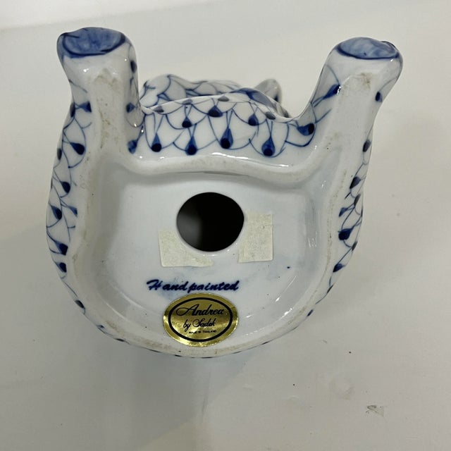 Late 20th Century Andrea by Sadek Blue / White Fishnet Teddy Bear Figurine For Sale - Image 5 of 5