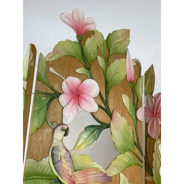 Colorful Tropical Birds Amongst Exotic Foilage Painted & Carved Wood Room Screen For Sale - Image 4 of 10