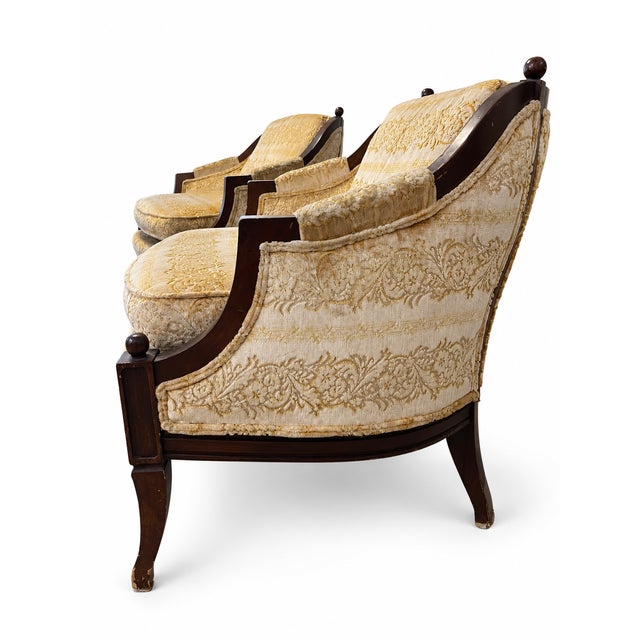 Vintage Hollywood Regency Gold Damask Barrel Lounge Chairs — Pair For Sale - Image 12 of 12