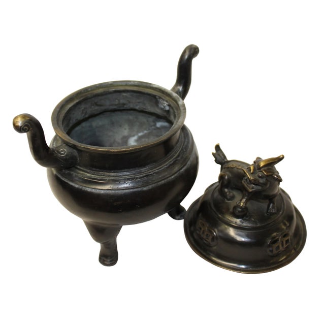 Chinese Oriental Dark Brown Bronze Metal Incense Burner Display For Sale - Image 4 of 7
