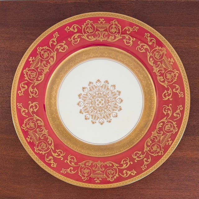 Metal 1930s Pickard Red & Gold Czech Bohemian Porcelain Dinner Plates - Set of 8 For Sale - Image 7 of 16