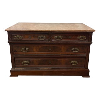 Antique Eastlake Style Walnut & Burl Wood Travertine Marble Top Chest of Drawers For Sale