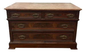 Antique Eastlake Style Walnut & Burl Wood Travertine Marble Top Chest of Drawers