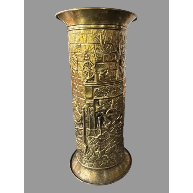English Early 20th Century Vintage Antique English Brass Figural Scenic Repousse Umbrella Stand Vase For Sale - Image 3 of 12
