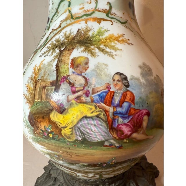 19th Century Huge 1800s Antique Ornate French Hand Painted Porcelain Bronze Kerosine Oil Lamp For Sale - Image 5 of 18