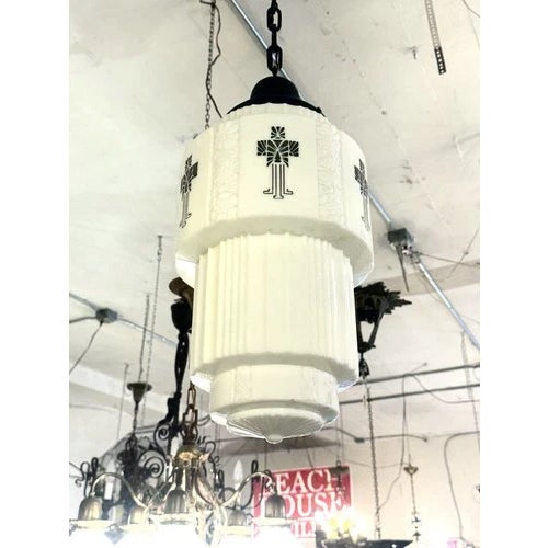 Metal 1930s 36" Art Deco Black & White Skyscraper Pendant Ceiling Light Rewired For Sale - Image 7 of 11