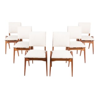 Vintage Chairs in Mahogany and Beige Cotton by Maurice Pré, France, 1950s, Set of 6 For Sale