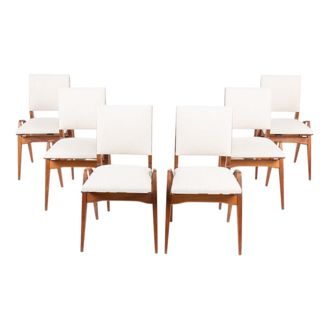 Vintage Chairs in Mahogany and Beige Cotton by Maurice Pré, France, 1950s, Set of 6 For Sale
