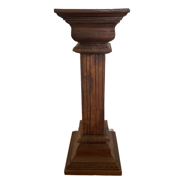 Antique Wooden Carved Column Pedestal Plant Stand For Sale