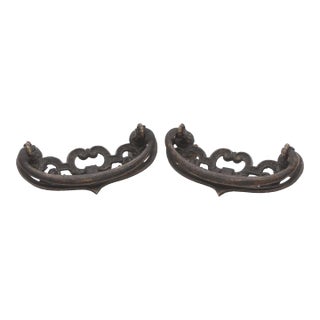 Pair of Mid 20th Century Darkened Brass Ornate Cut Out Drawer Bail Pulls For Sale