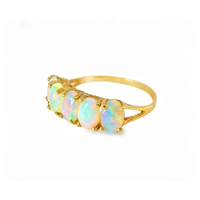 Late 20th Century Size 6.75 14K Yellow Gold Natural Opal Five Stone Band Ring For Sale - Image 4 of 4