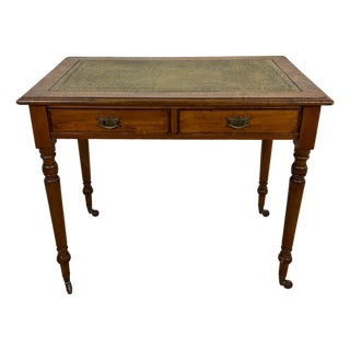 Antique English Style Wooden Writing Table with Leather Top and Drawers, 1930s For Sale