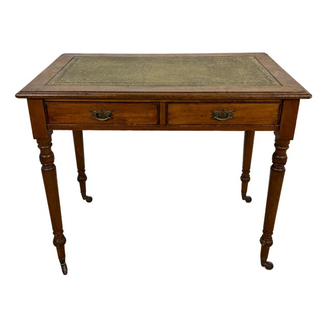Antique English Style Wooden Writing Table with Leather Top and Drawers, 1930s For Sale