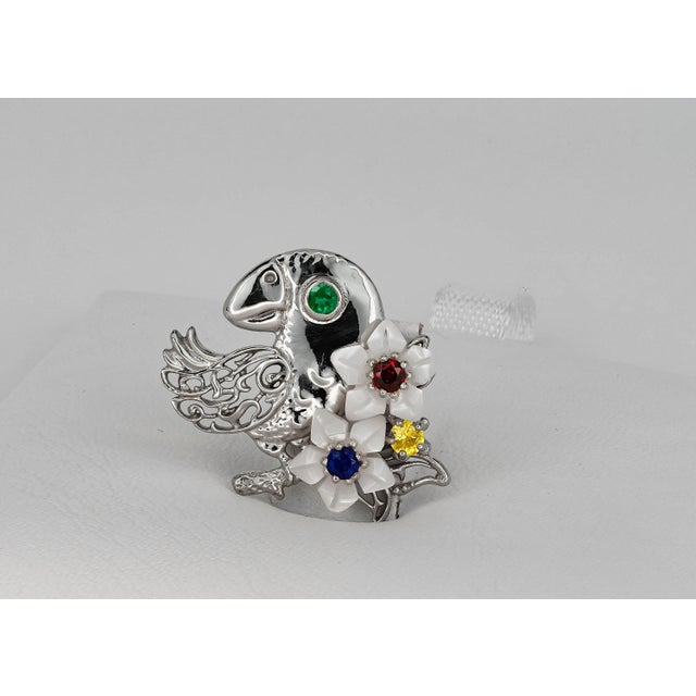 Parrot on Flowers Pendant With Colored Gems in 14k Gold For Sale - Image 6 of 9