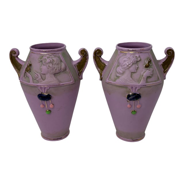 Pair of Antique Art Nouveau Schafer & Vater Jasperware Vases Pink Cameo Germany For Sale