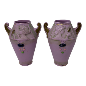 Pair of Antique Art Nouveau Schafer & Vater Jasperware Vases Pink Cameo Germany