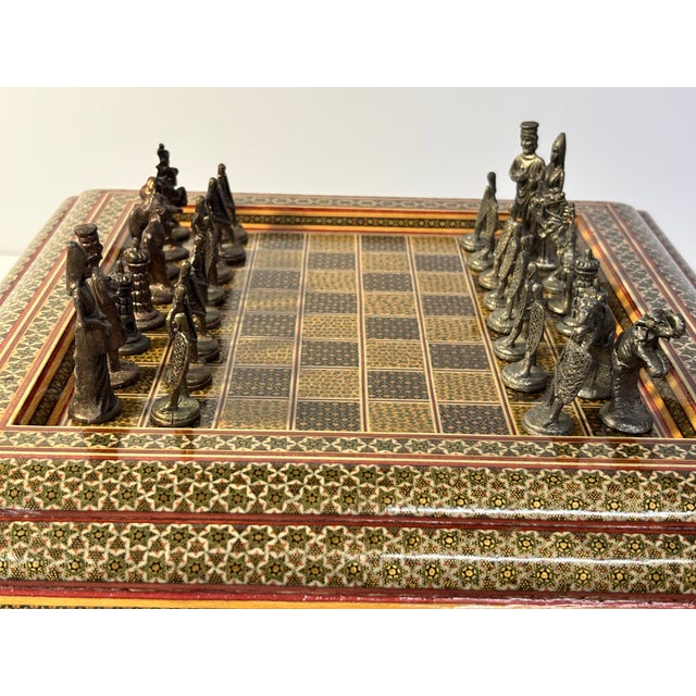 Vintage Persian Khatam Marquetry Chess Set With Figural Metal Pieces, Circa 1950 For Sale - Image 15 of 18