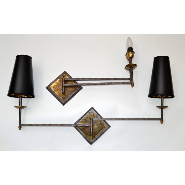 French Mid-Century Modern Metal & Brass Swing Arm Sconces, Wall Lights - Pair For Sale - Image 4 of 13